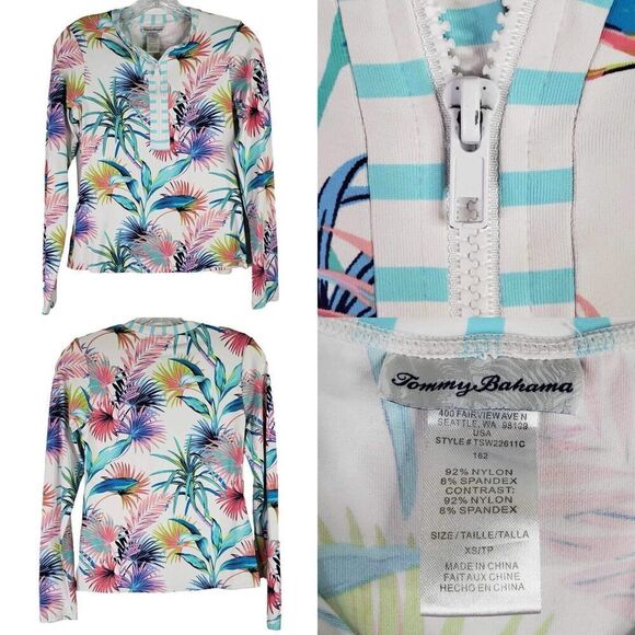 Tommy Bahama Swim Shirt Women's Rash Guard LS 1/4 Zip Size XS White Tropical - Picture 1 of 9